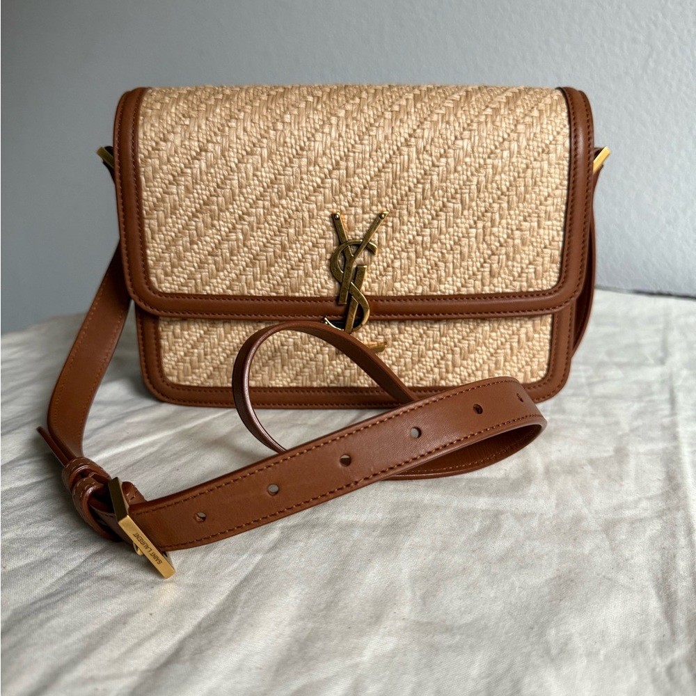 Saint Laurent Solferino Medium Satchel in Raffia and Vegetable-tanned Leather